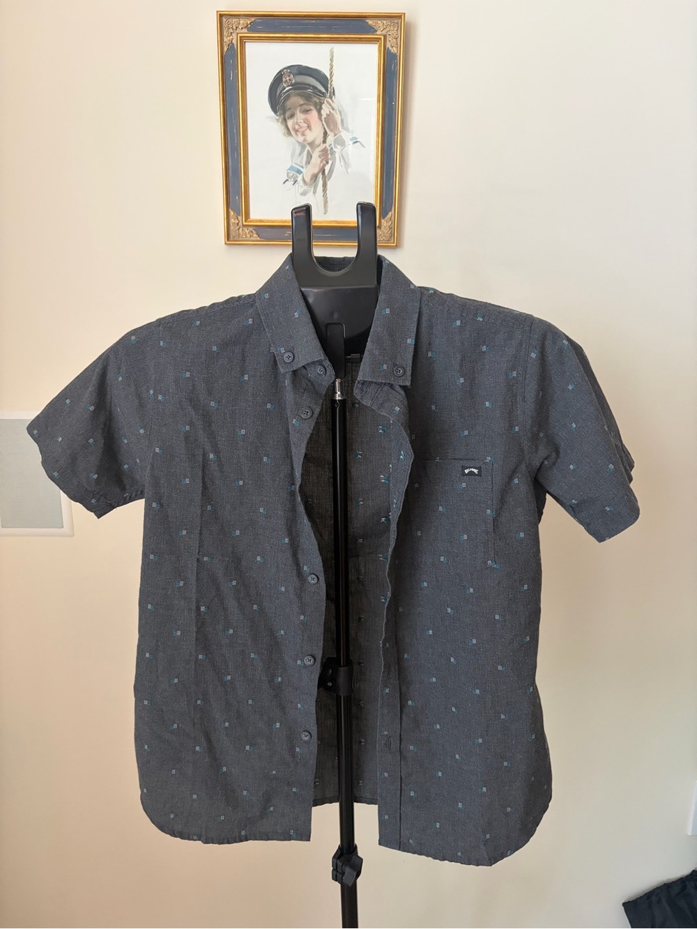 Men's Short-Sleeve Button-Up Shirt in Charcoal with Micro Print